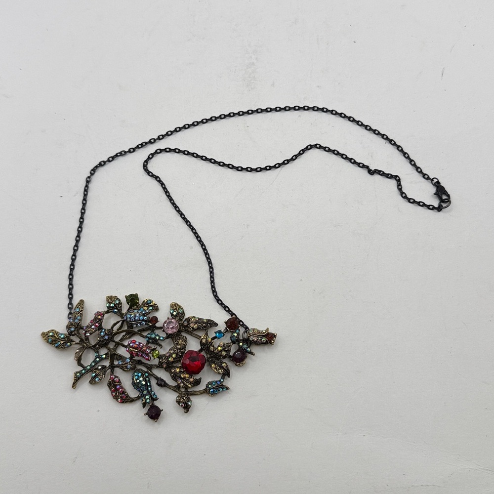 Vtg Art Deco Bouquet Flower Brooch Necklace Colorful Rhinestones Detailed Jewels